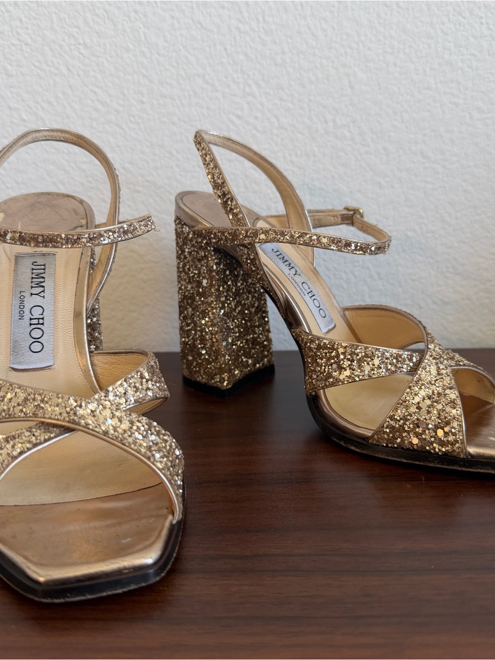 Jimmy Choo Gold Glitter Block-Heel Sandals Size 36